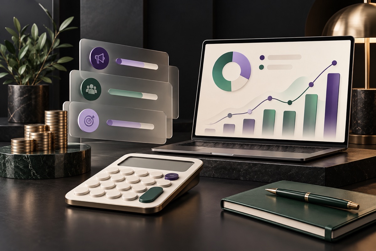 Hesap makinesi ve grafiklerle Google Ads reklam bütçesi planlama illüstrasyonu